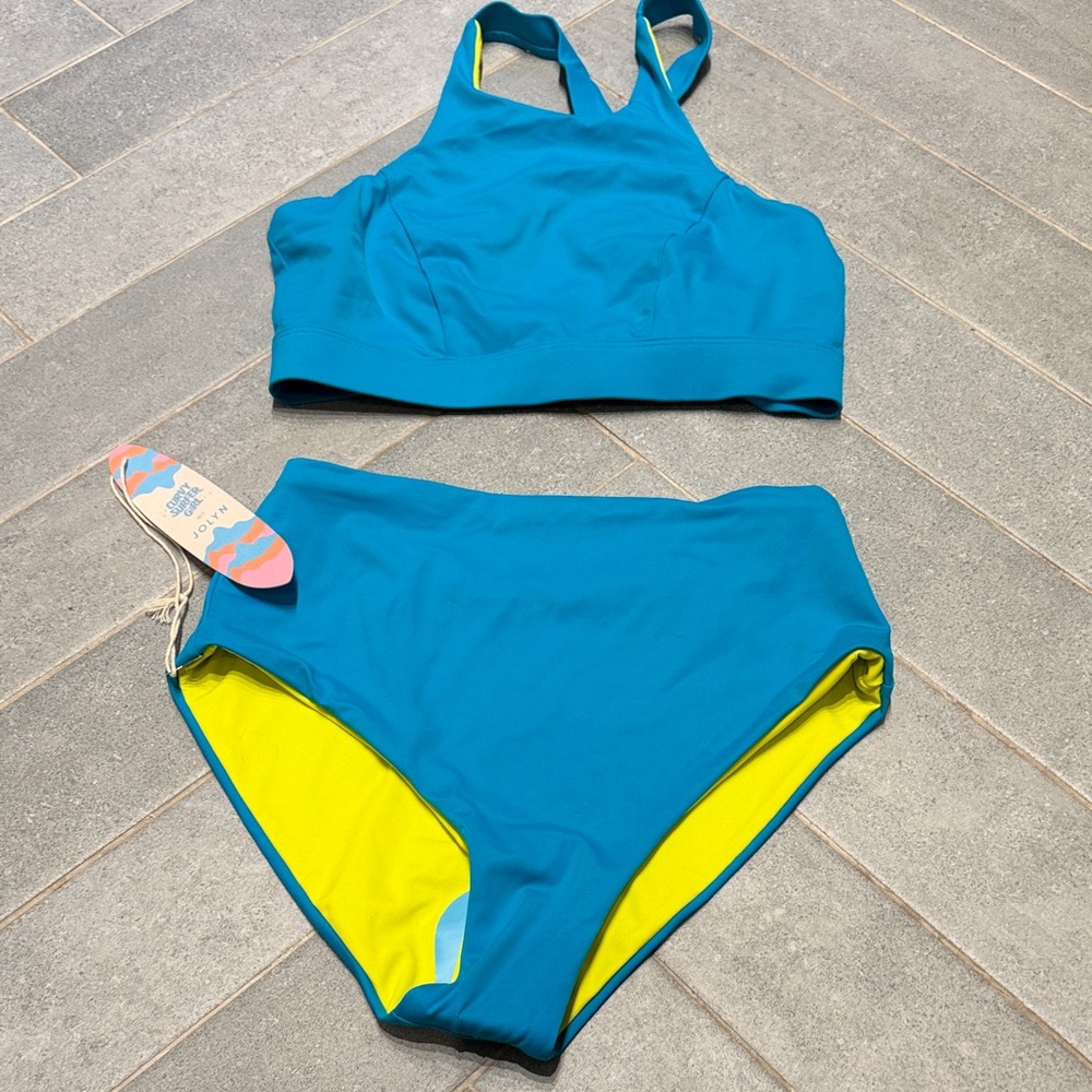jolyn  Teal High-Neck Bikini Set with Neon Yellow Lime lining